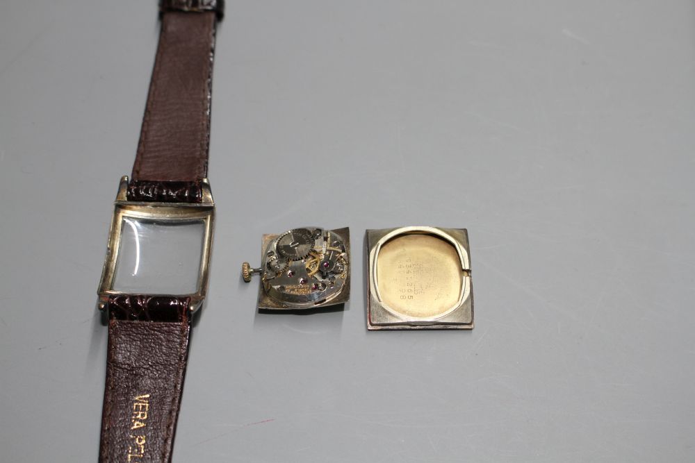 A gentlemans 1930s? 10k gold filled Gruen Precision manual wind wrist watch, with rectangular Roman and baton dial